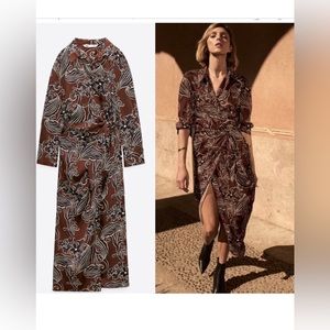 ZARA PRINT BROWN A ND CREAM MIDI DRESS.